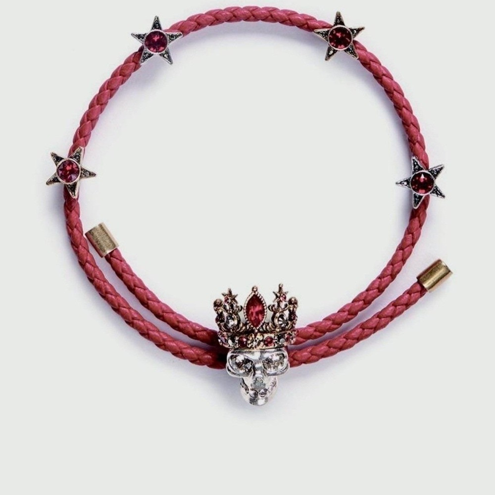 Alexander McQueen Red Braided Leather Skull Crown Star Wrap Bracelet Made Italy - Picture 3 of 11